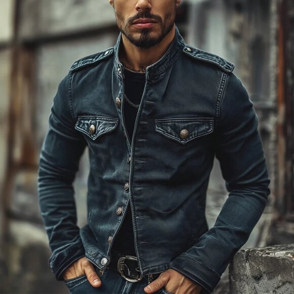 Men's Vintage Stand Collar Denim Jacket New, Size XL - Picture 17 of 17